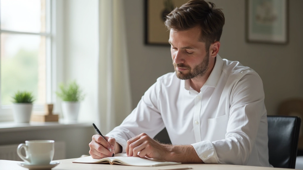 Person skriver i dagbok och planerar veckovisa utgifter