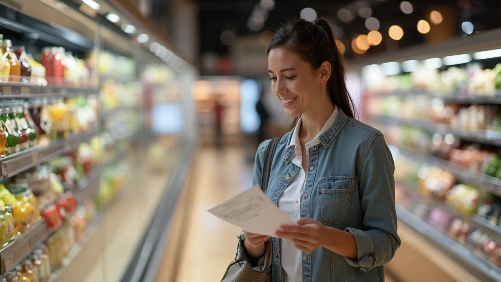 Person comparing product prices while shopping, holding receipts and examining items