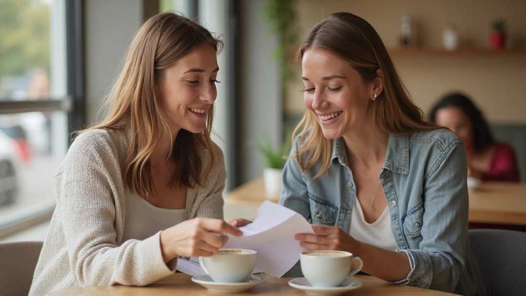 Friends discussing shopping decisions and comparing receipts over coffee