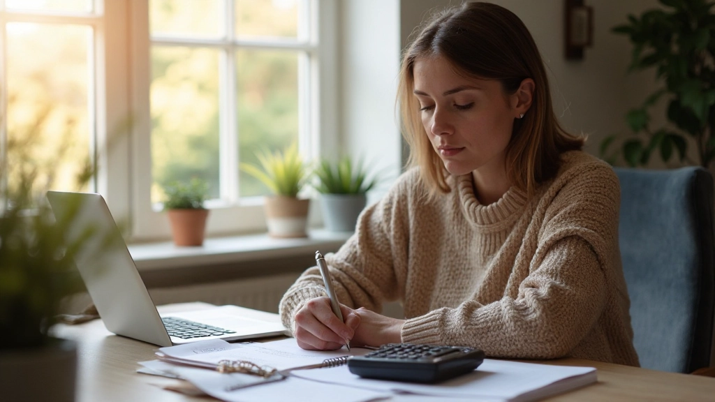 Skrivbord med budgetplanering, anteckningsbok och kalkylator