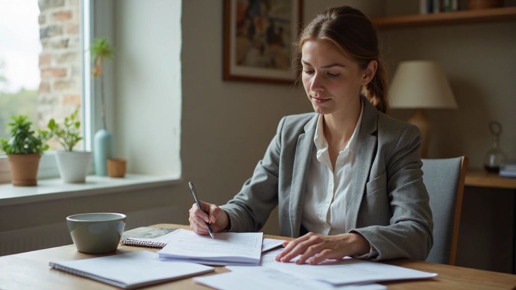 Woman reviewing financial documents and expenses at organized desk with notebook