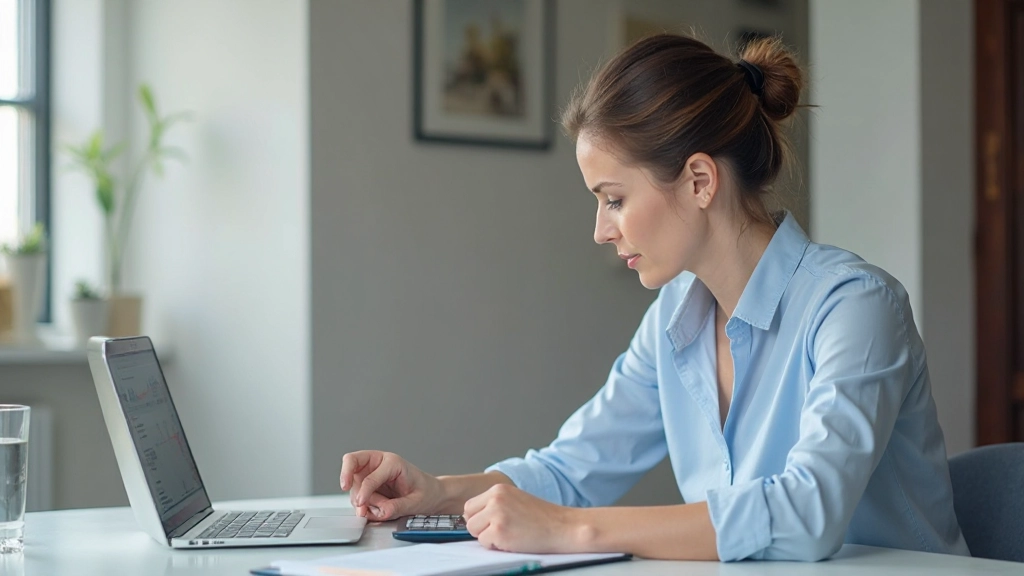 Professionell skrivbord med laptop som visar budgetapplikation och finansiell analys